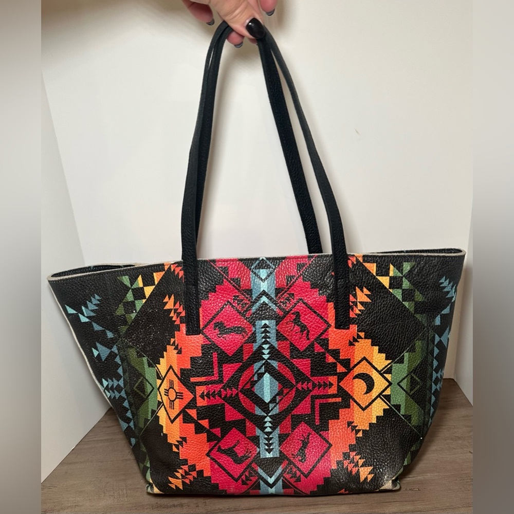 Paige Gamble Aztec‎ Tote Italian Pebbled Colorful Leather Shoulder Tote Bag.
